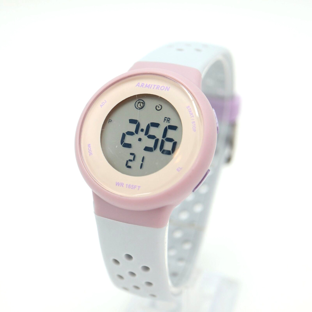 Armitron Womens Digital Sport Watch 36mm Round Pink Gray Strap w New Battery